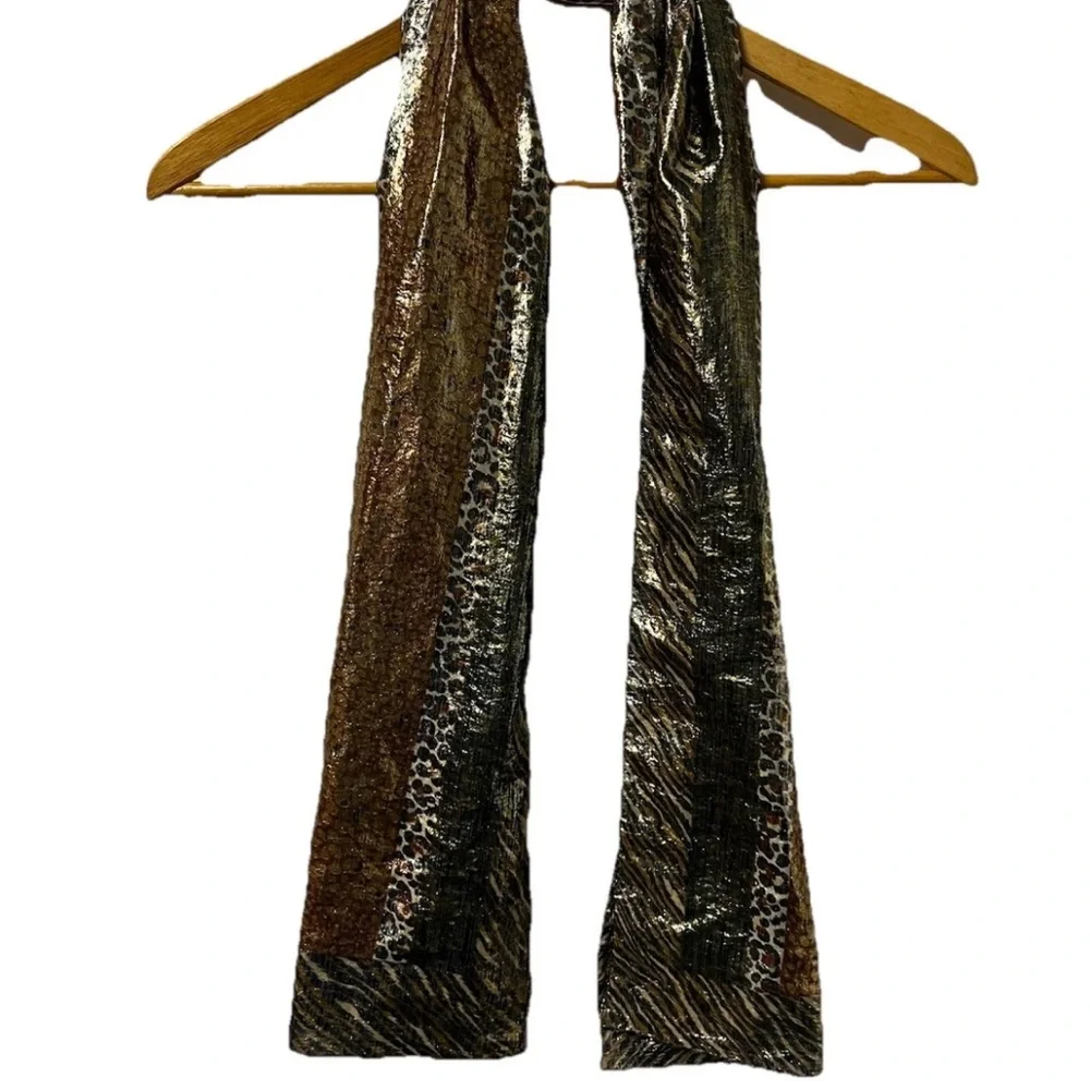 VTG 90s Amanda Smith Metallic Animal Print Scarf Gold Fringe Tuxedo